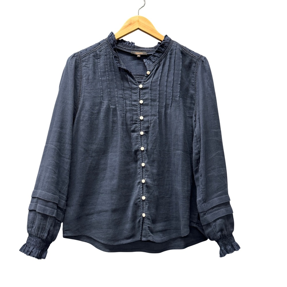 Quince Blouse Womens Medium Pintuck Clip Dot Navy Blue Casual Organic Cotton